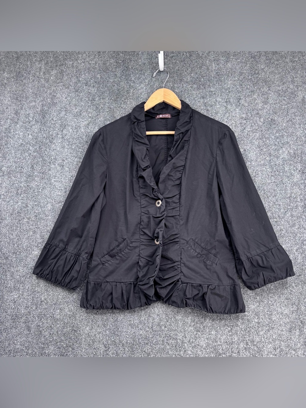 XCVI Black Ruffle Boho Chic Minimalist Lagenlook Snap Cotton Jacket Women’s XL